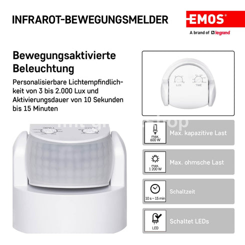 EMOS Infrarot-Bewegungsmelder IP65 für Innen und Außen, 180°, 12m Reichweite
